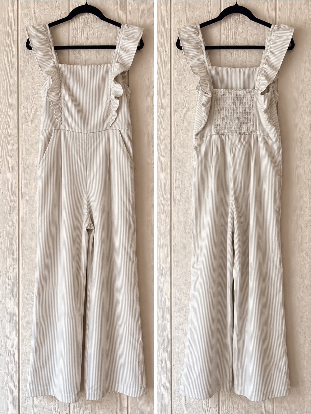 GAP Cream Striped Ruffle Strap Smocked Wide Leg Jumpsuit Size 4